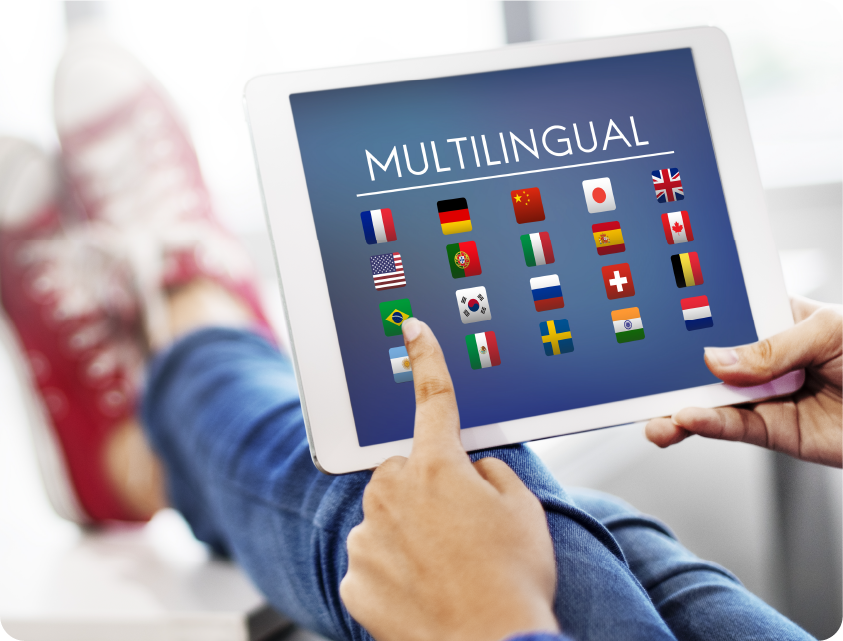 Woman on ipad with multilingual interface